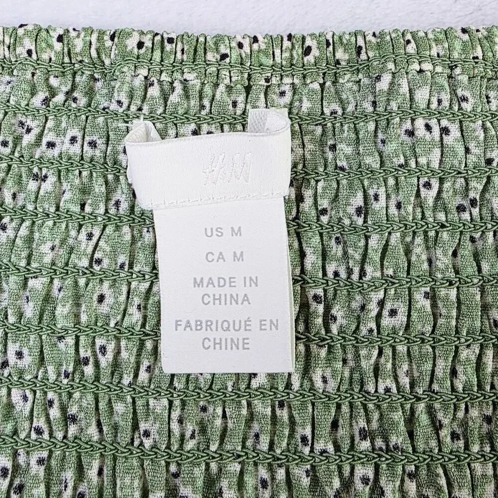 H&M Crop Top Medium Green Floral Ruched Tie Fairy Smocked Cottagecore Boho